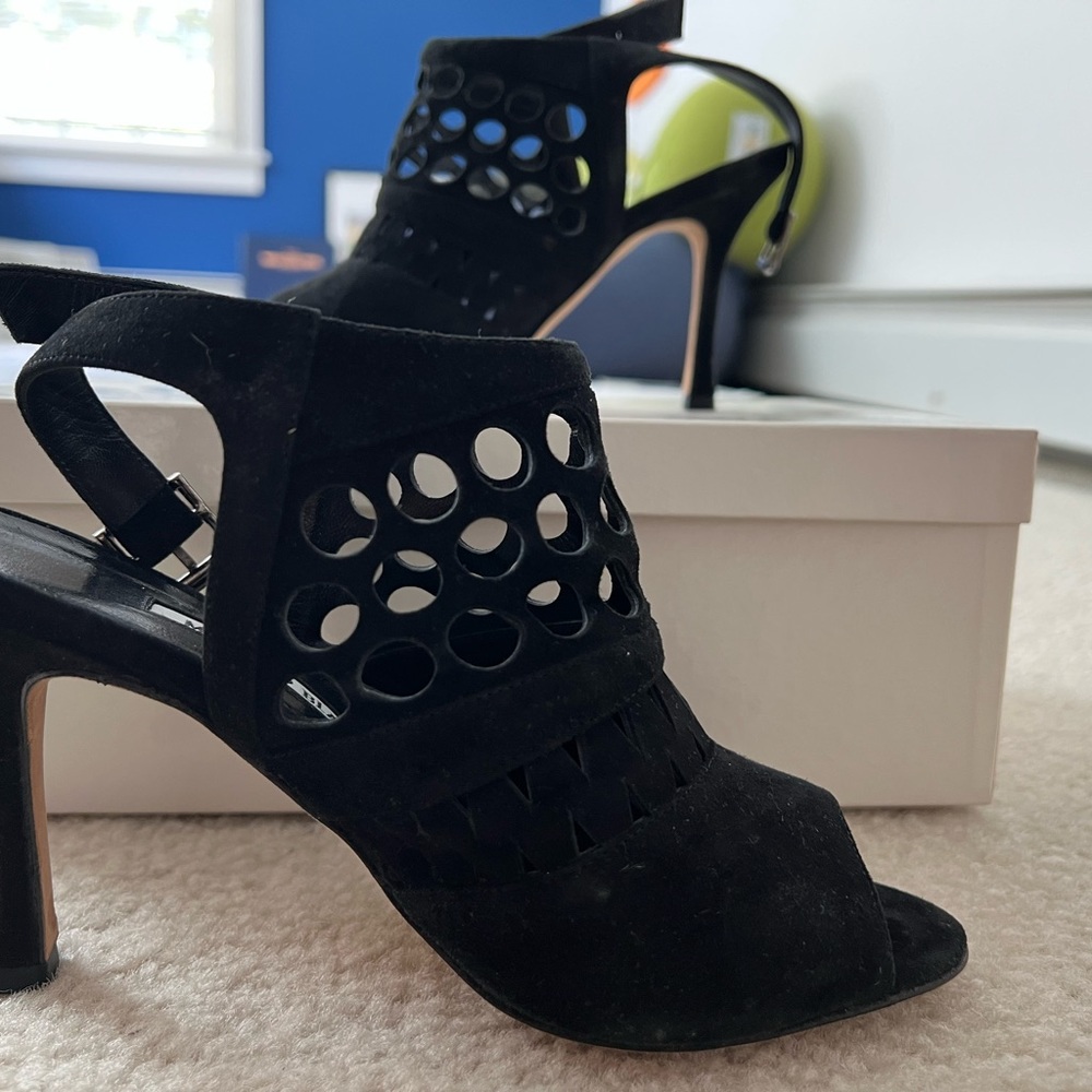 Worn twice Manila Blahnim black suede shoes. Open toe, 3” heel.